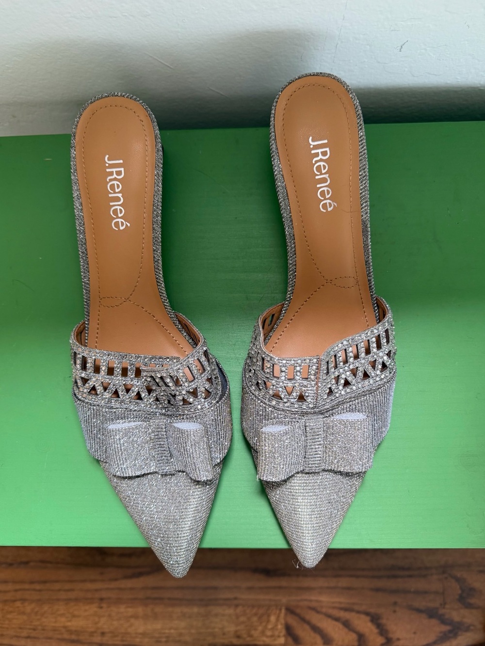 J.Renée Silver Glitter Pointed Mule with Bow
